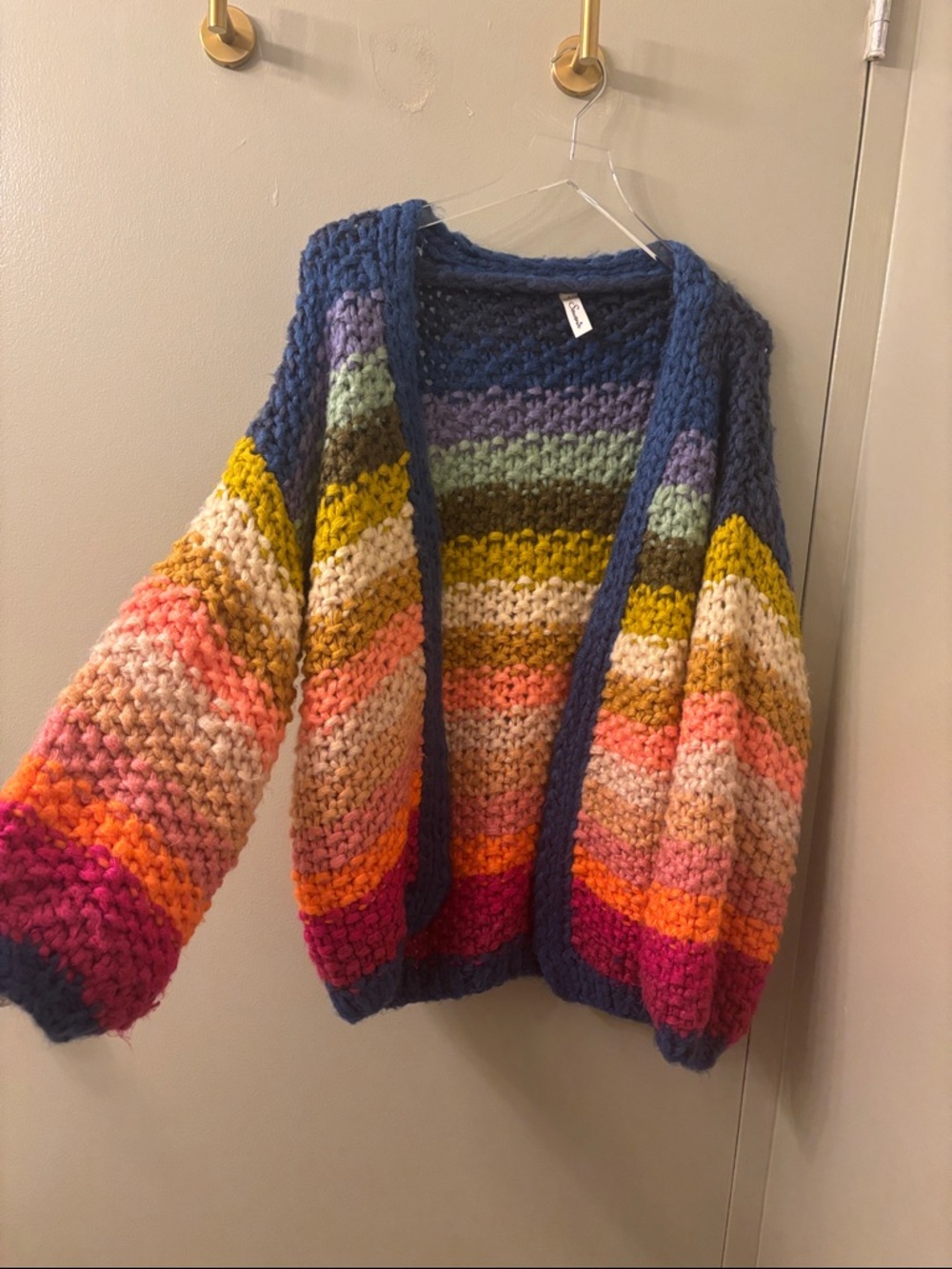 Chunky Multicolor Stripe Open Cardigan Sweater - Blue Trim